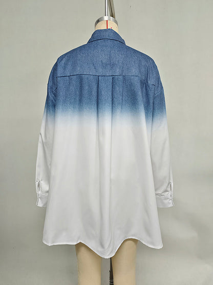 High-Low Loose Gradient Printed Split-Joint Split-Side Lapel Blouses&Shirts Tops