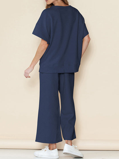 Loose Short Sleeves Solid Color Round-Neck T-Shirt Top + Drawstring Elasticity Pockets Pants Botttom Two Pieces Set