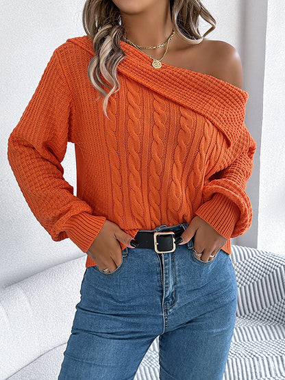 Long Sleeves Loose Asymmetric Solid Color Split-Joint One-Shoulder Pullovers Sweater Tops