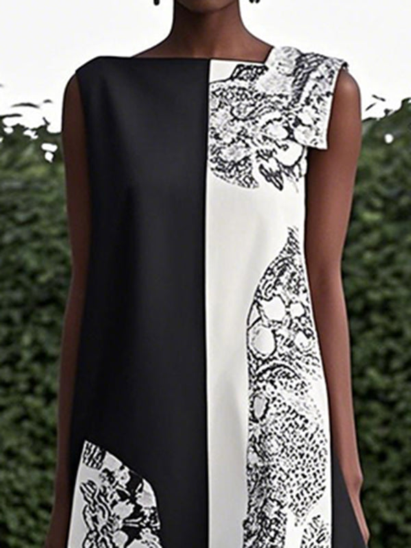 Loose Sleeveless Asymmetric Contrast Color Printed Round-Neck Maxi Dresses