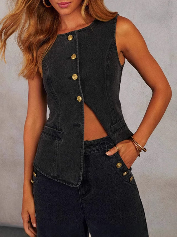 Sleeveless Split-Joint Round-Neck Vest Top