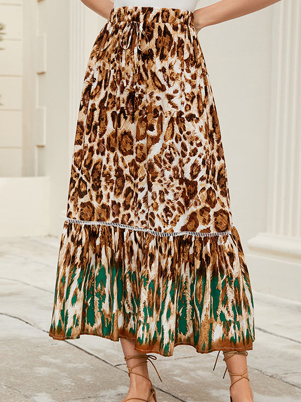 A-Line Loose Drawstring Leopard Split-Joint Skirts Bottoms