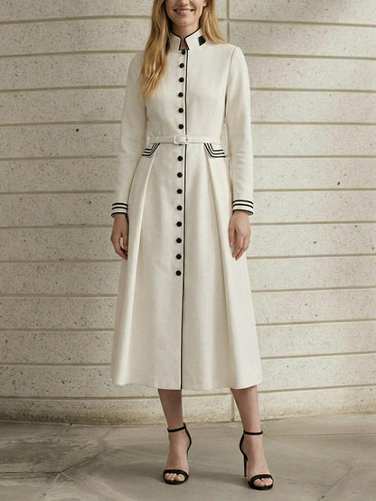 A-Line Elasticated Waist Belted Buttoned Contrast Color Line Split-Joint Stand Collar Maxi Dresses
