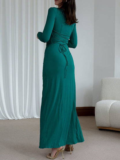 Bodycon High Waisted Asymmetric Pleated Ruffled Solid Color Split-Joint Round-Neck Maxi Dresses