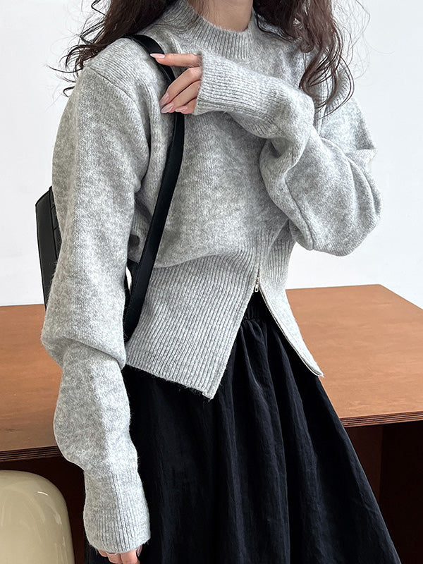 Long Sleeves Loose Solid Color Zipper Mock Neck Pullovers Sweater Tops