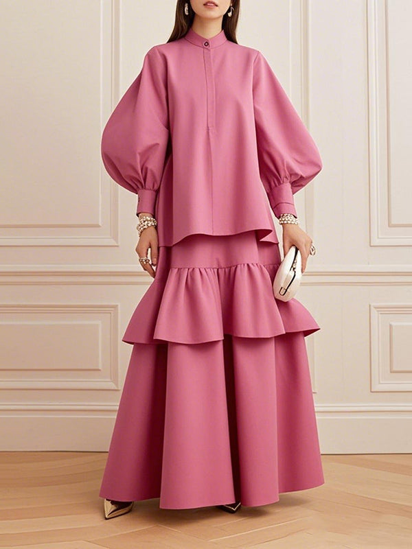 Loose Puff Sleeves Pleated Solid Color Split-Joint Round-Neck Blouses&Shirts Tops