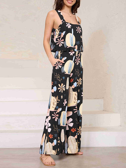 Loose Sleeveless Elasticity Pockets Printed Spaghetti-Neck Jumpsuits