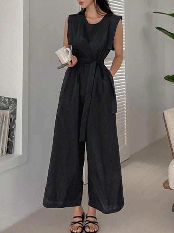 High Waisted Loose Pockets Solid Color Tied Waist Round-Neck Jumpsuits