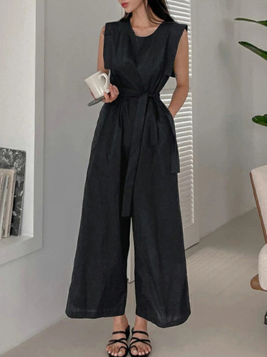 High Waisted Loose Pockets Solid Color Tied Waist Round-Neck Jumpsuits