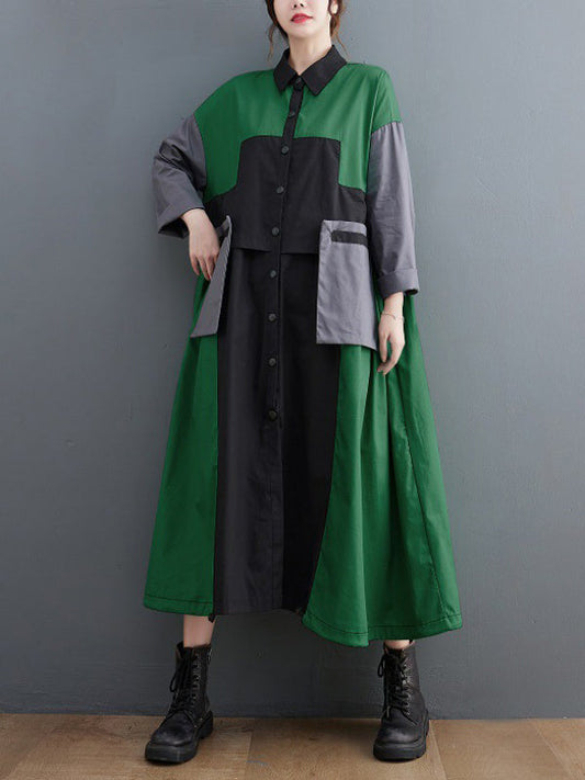 Vintage Loose Long Sleeves Contrast Color Polo Midi Dresses