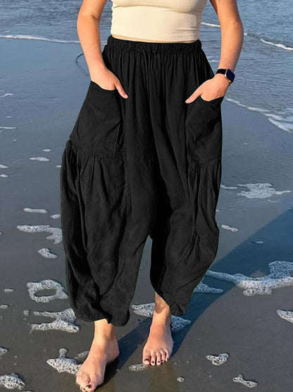 High Waisted Loose Drawstring Elasticity Pleated Pockets Solid Color Ninth Pants Trousers