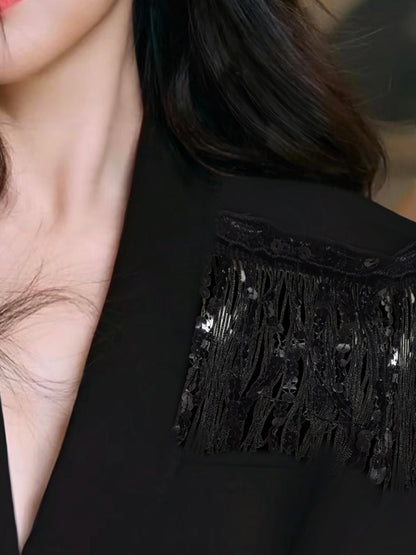 Long Sleeves Loose Applique Pockets Solid Color Deep V-Neck Blazer Outerwear