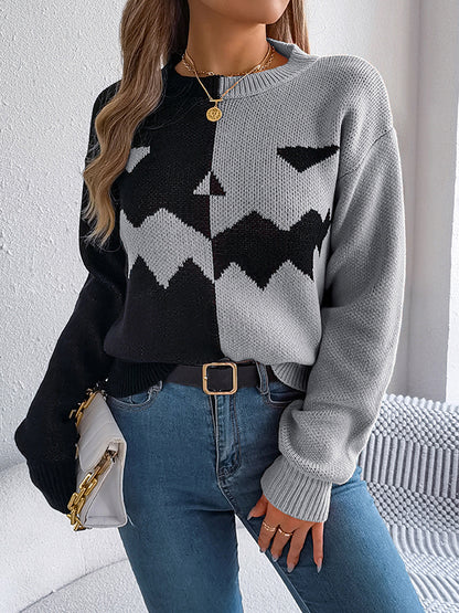Long Sleeves Loose Contrast Color Split-Joint Round-Neck Pullovers Sweater Tops