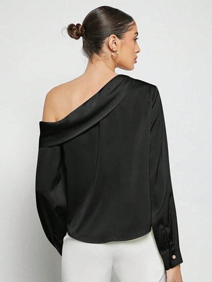 Long Sleeves Skinny Pleated Solid Color Split-Joint One-Shoulder Blouses&Shirts Tops
