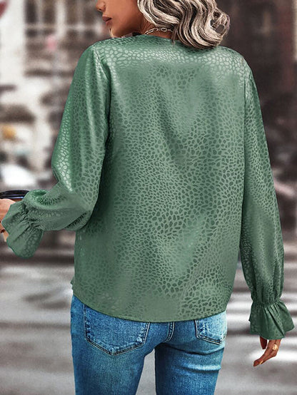 Long Sleeves Loose Elasticity Hollow Jacquard Leopard Split-Joint V-Neck Blouses&Shirts Tops