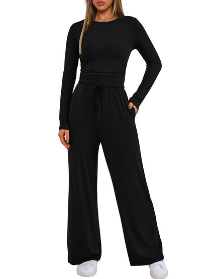 Solid Color Pleated Round-Neck T-Shirts Tops +  Elasticated Waist High Waisted Drawstring Pants Two Pieces Set