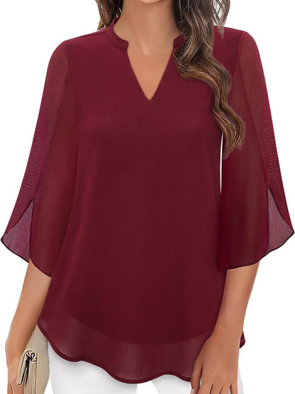 Half Sleeves Loose Solid Color V-Neck Blouses&Shirts Tops