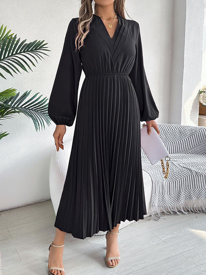 A-Line High Waisted Elasticity Pleated Solid Color V-Neck Maxi Dresses