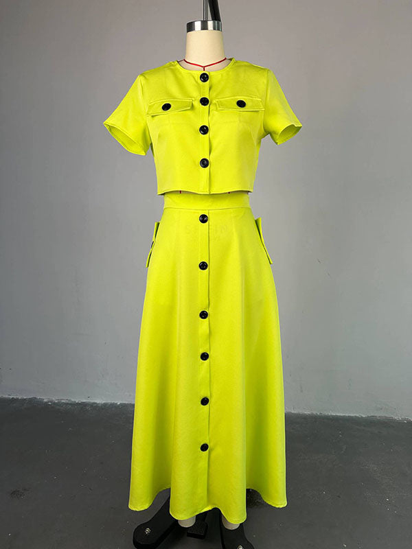 Buttoned Pockets Split-Joint Round-Neck T-Shirt Top + A-Line High Waisted Skirts Bottom Two Pieces Set