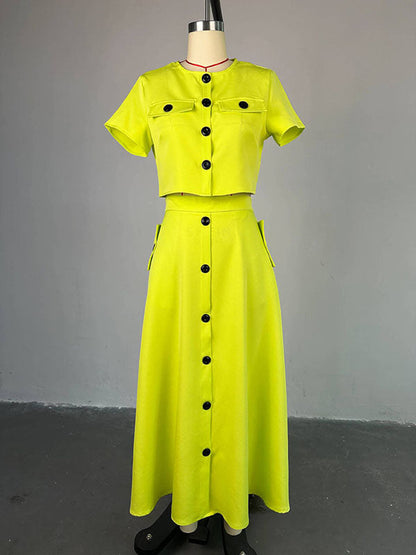 Buttoned Pockets Split-Joint Round-Neck T-Shirt Top + A-Line High Waisted Skirts Bottom Two Pieces Set