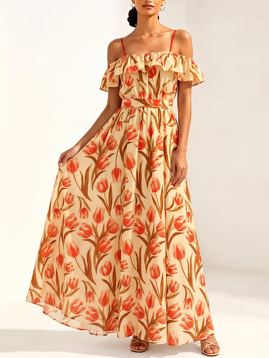 Tied Waist Ruffle Trim Flower Print Elasticity Contrast Color Short Sleeves Loose Off-the-shoulder Maxi Dresses