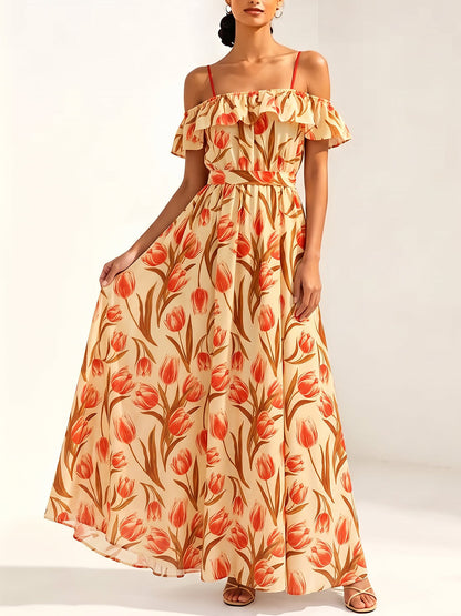 Tied Waist Ruffle Trim Flower Print Elasticity Contrast Color Short Sleeves Loose Off-the-shoulder Maxi Dresses