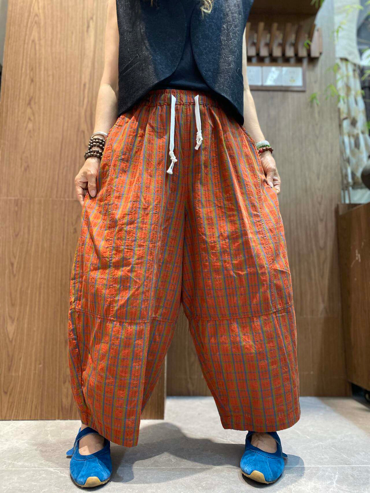 Plus Size Women Retro Ethnic Plaid Loose Cropped Wide-Leg Pants
