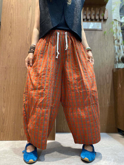 Plus Size Women Retro Ethnic Plaid Loose Cropped Wide-Leg Pants