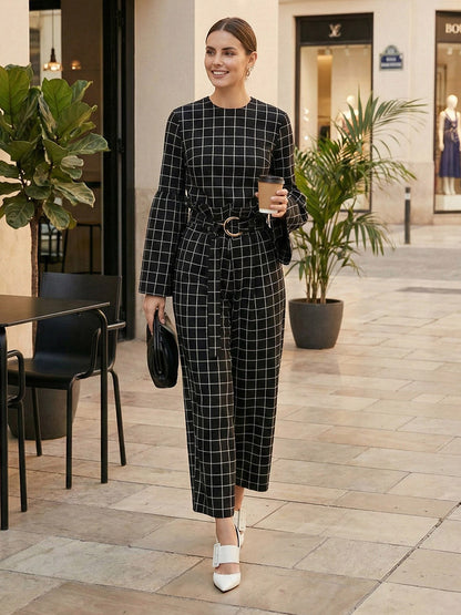 Flared Sleeves Long Sleeves Contrast Color Plaid Split-Joint Round-Neck Blouses&Shirts Tops