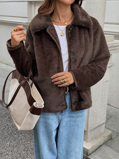 Long Sleeves Loose Buttoned Pockets Solid Color Split-Joint Lapel Outerwear