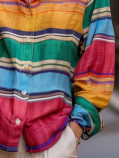Long Sleeves Loose Buttoned Contrast Color Lapel Blouses&Shirts Tops