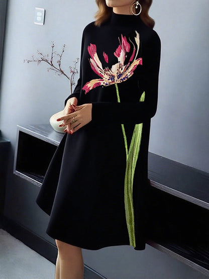 A-Line Long Sleeves Flower Print Pockets Mock Neck Midi Dresses