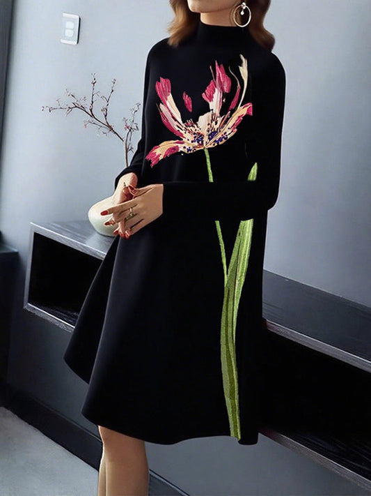 A-Line Long Sleeves Flower Print Pockets Mock Neck Midi Dresses