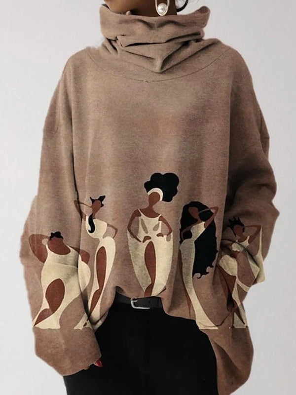 Long Sleeves Loose Figure Printed Heaps Collar Hoodies&Sweatshirt Tops