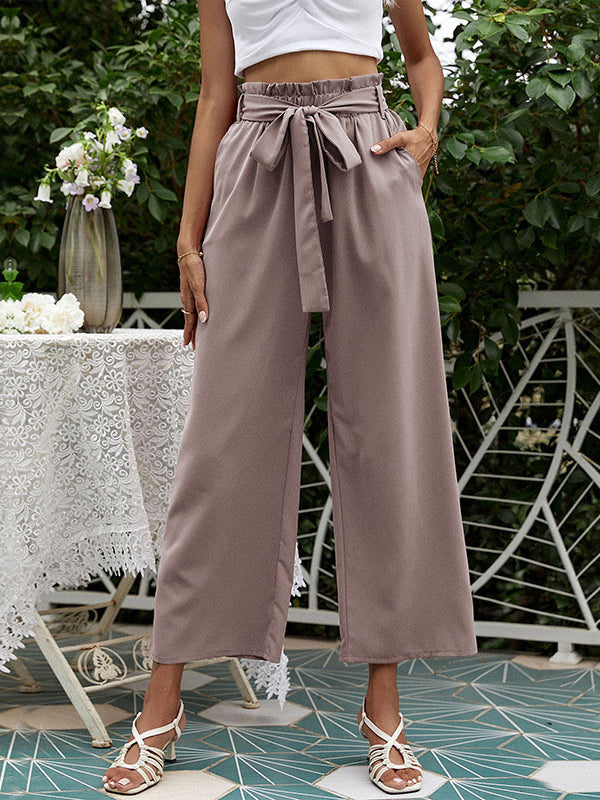 High Waisted Loose Pockets Solid Color Tied Waist Pants Trousers