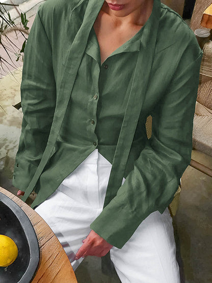 Long Sleeves Buttoned Solid Color Streamer Lapel Blouses&Shirts Tops