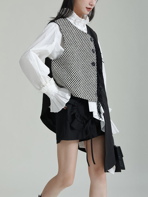 Ruffle Sleeves Sleeveless Asymmetric Buttoned Houndstooth Vest Outerwear