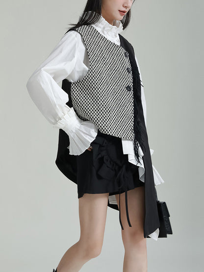 Ruffle Sleeves Sleeveless Asymmetric Buttoned Houndstooth Vest Outerwear