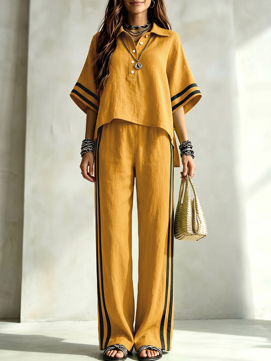 Striped Pockets Elasticity Contrast Color Wide Leg High Waisted Trousers Pants