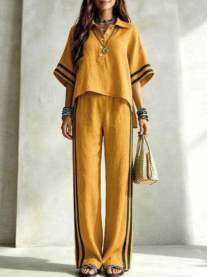 Striped Split-side Contrast Color Buttoned Loose High-low Lapel Blouses&shirts Tops