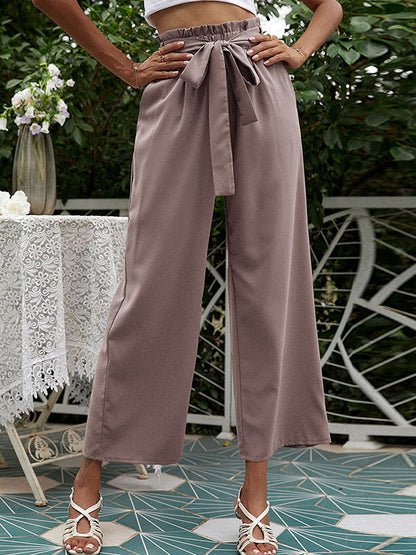 High Waisted Loose Pockets Solid Color Tied Waist Pants Trousers