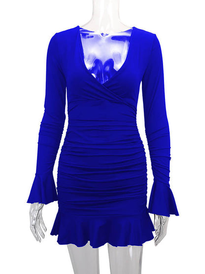 Bodycon Elasticated Waist Pleated Ruffled Solid Color Split-Joint V-Neck Midi Dresses