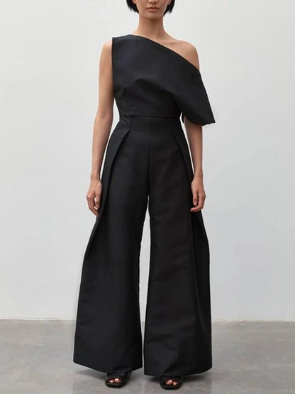 Loose Sleeveless Solid Color Off-The-Shoulder Vest Tops + Pants Bottoms Two Pieces Set