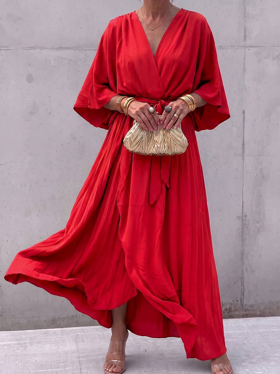Tied Solid Color See-Through Pleated Asymmetric Plus Size Long Sleeves V-neck Maxi Dresses