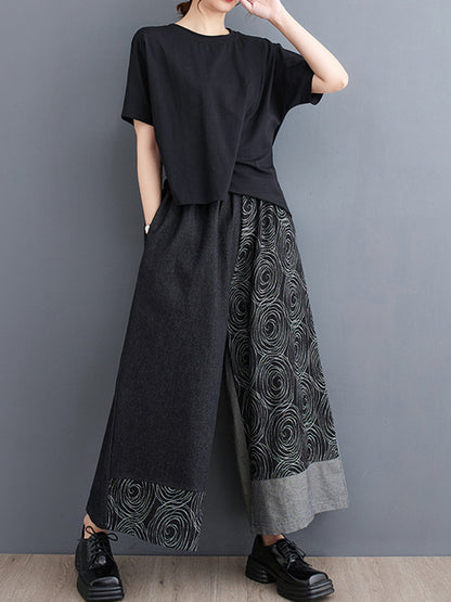High Waisted Loose Asymmetric Elasticity Printed Split-Joint Jean Pants Bottoms