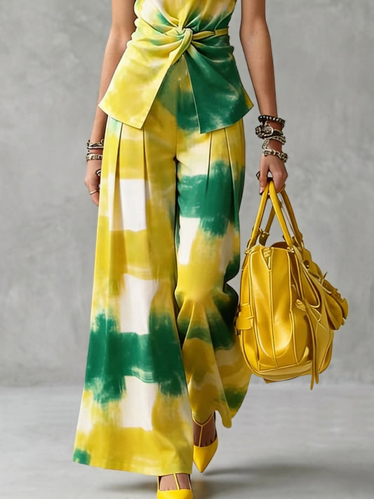 High Waisted Wide Leg Contrast Color Pleated Pockets Printed Pants Trousers