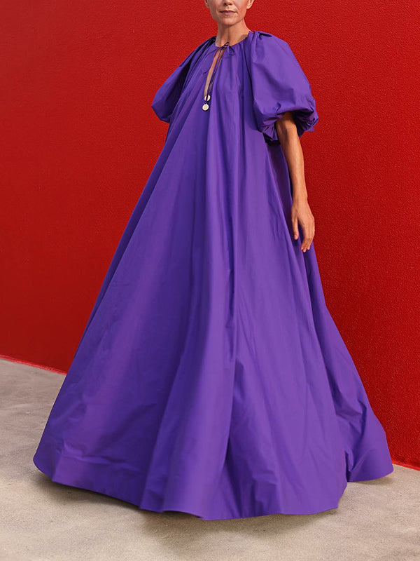 Loose Short Sleeves Elasticity Hollow Solid Color Tied Round-Neck Maxi Dresses