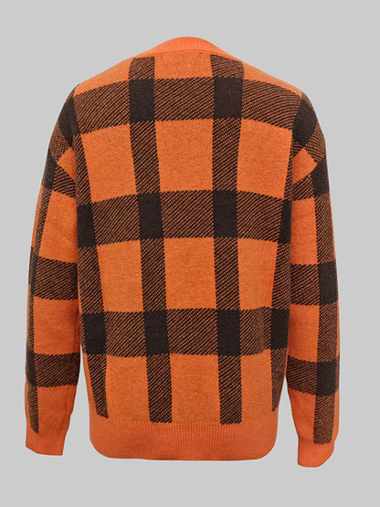 Long Sleeves Contrast Color Plaid Mock Neck Sweater Tops