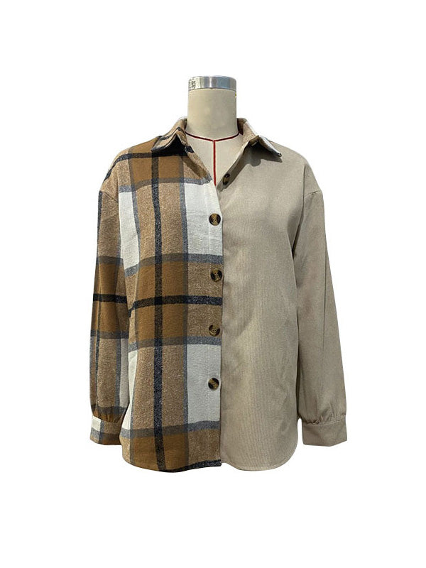Long Sleeves Loose Buttoned Plaid Lapel Outerwear