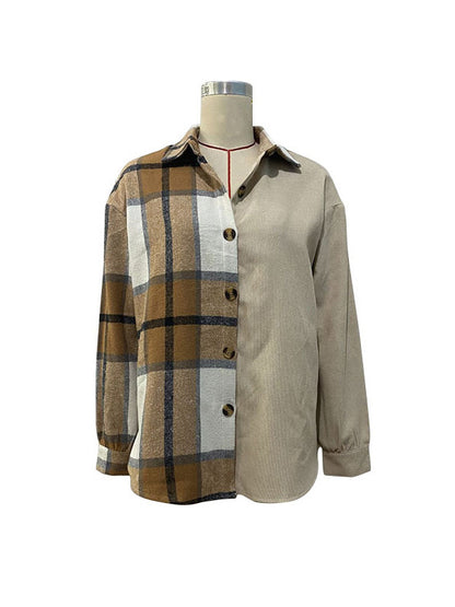 Long Sleeves Loose Buttoned Plaid Lapel Outerwear
